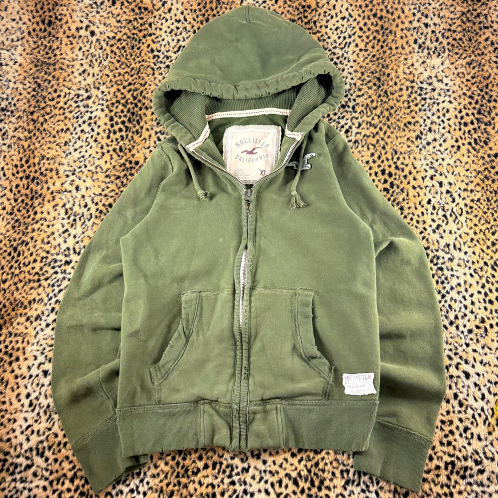 Hollister California Mens XL Full Zip Hoodie Olive Green Distressed Y2K 2000s